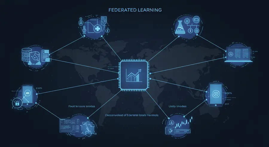 Abstract representation of federated learning applications across different industries, showing healthcare, finance, and mobile sectors connected in a decentralized network.