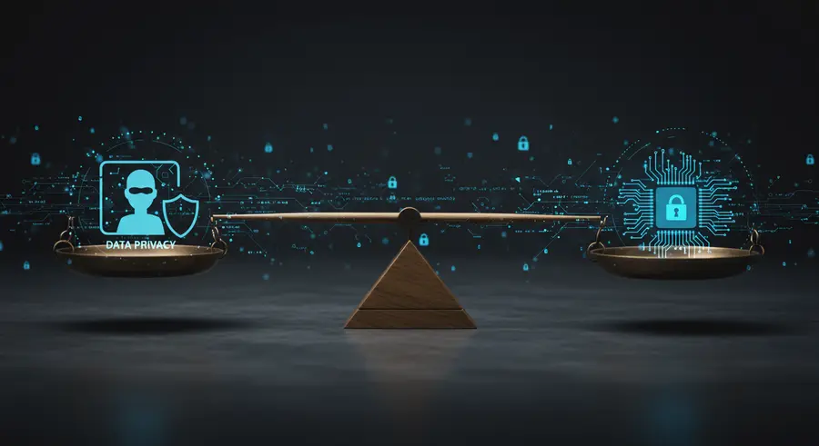 Abstract image representing ethical considerations in artificial intelligence, showing a balance scale with data privacy on one side and AI development on the other, with a secure network overlay.